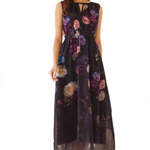 206 Black Georgette Floral Printed Gathered Dress 
Sleeveless  M