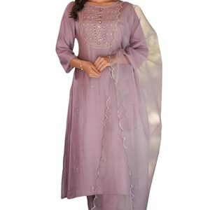 210 Lavender Silk Blend Embroidered Straight Kurta Set M