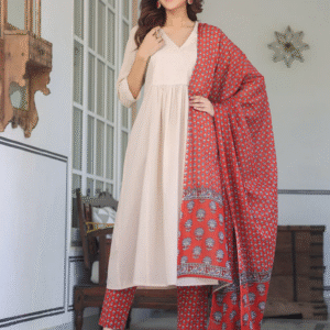 214 Beige Pure Cotton Floral Printed A-line Kurta Set L