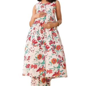 221 Maternity Women's Cream Pure Cotton Floral Printed A-line Maternity Kurta Pant Set XL