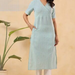 225 Striped Pure Cotton Straight Kurta  (Light Blue) M