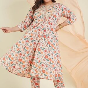 228 Peach Pure Cotton Floral Printed Zari Embroidered Anarkali Kurta Set 4XL