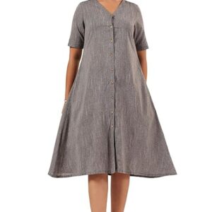 230 Dark Grey Cotton Solid A-line Button Down Dress XL