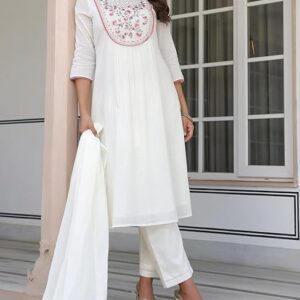 232 Off White Pure Cotton Yoke Embroidered A-line Kurta Set M