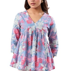 234 Blue Pure Cotton Floral Printed A-line Top M