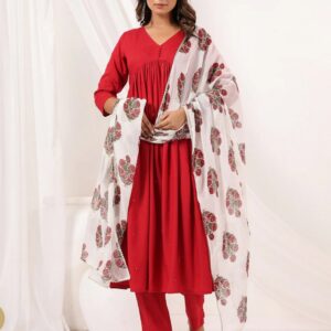 245 Red Rayon A-Line Embellished 3-Piece Kurta Set S