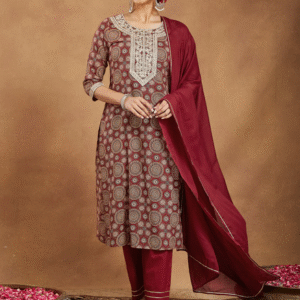 246 Maroon Pure Cotton Ethnic Motifs Printed Straight Kurta Set M