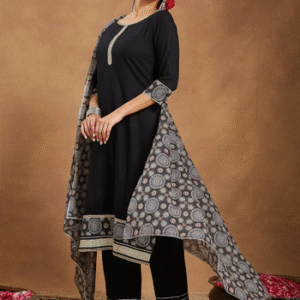 247 Black Rayon Ajrakh Printed Straight Kurta Set