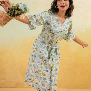 251 Off White Linen Cotton Floral Printed A-line Dress M