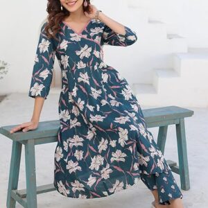 252 Teal Blue Pure Cotton Floral Printted A-line Kurta Pant Set M