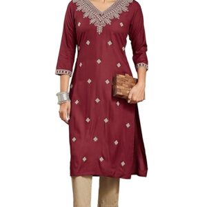 253 Maroon Rayon Embroidered Straight Kurta 2XL