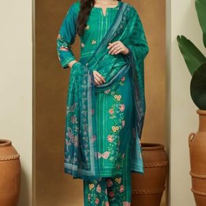 254 Teal Green Cotton Blend Floral Printed Pakistani Straight Kurta Set XL
