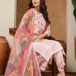 255 Peach Cotton Blend Floral Printed Straight Kurta Set XS