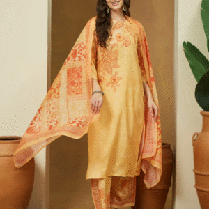 258 Yellow Cotton Blend Floral Printed Straight Kurta Set M