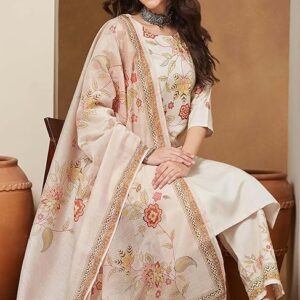 259 Cream Cotton Blend Floral Printed Straight Kurta Set S