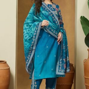261 Teal Blue Cotton Blend Floral Printed Straight Kurta Set XL