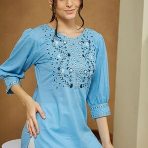 263 Sky Blue Pure Cotton Embroidered Straight Tunic XL