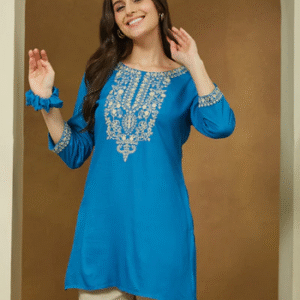 264 Blue Rayon Embroidered Straight Short Kurti L