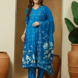 266 Blue Cotton Blend Floral Printed Anarkali Kurta Set M