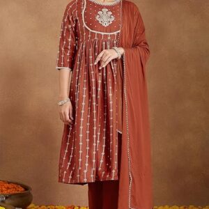 267 Rust Silk Blend Yoke Embroidered Gold Printed A-line Kurta Set with Dupatta XS