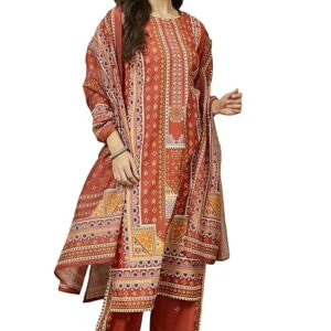 270 Rust Cotton Blend Ethnic Motifs Printed Straight Kurta Set XL