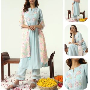 373 Sky Blue Viscose Chanderi A-line Kurta with Pant and Dupatta
