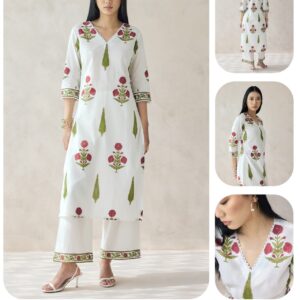 375 Off-White Floral Print Cotton Straight Kurta Set S