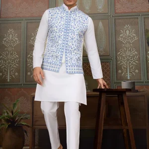 465 Traditional White Kurta Blue Koti Pajama XL